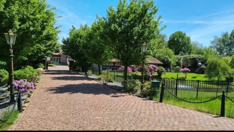 Een geplaveide oprit omgeven door bomen en bloemen met gebouwen op de achtergrond.